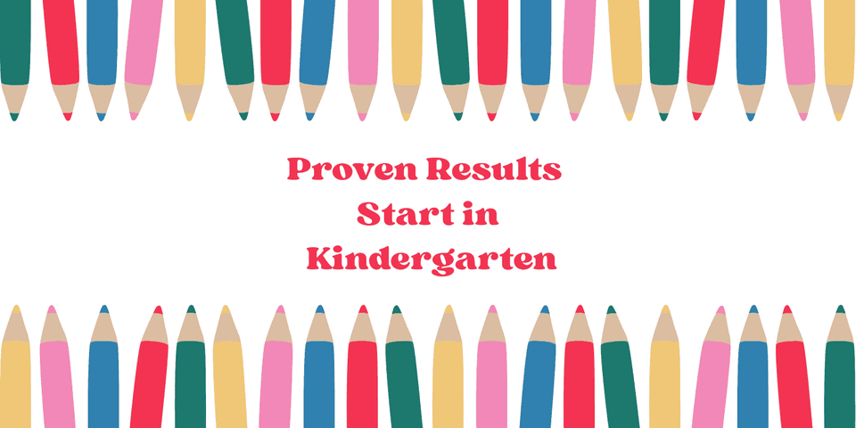 Colorful pencils frame text: Proven Results Start in Kindergarten.